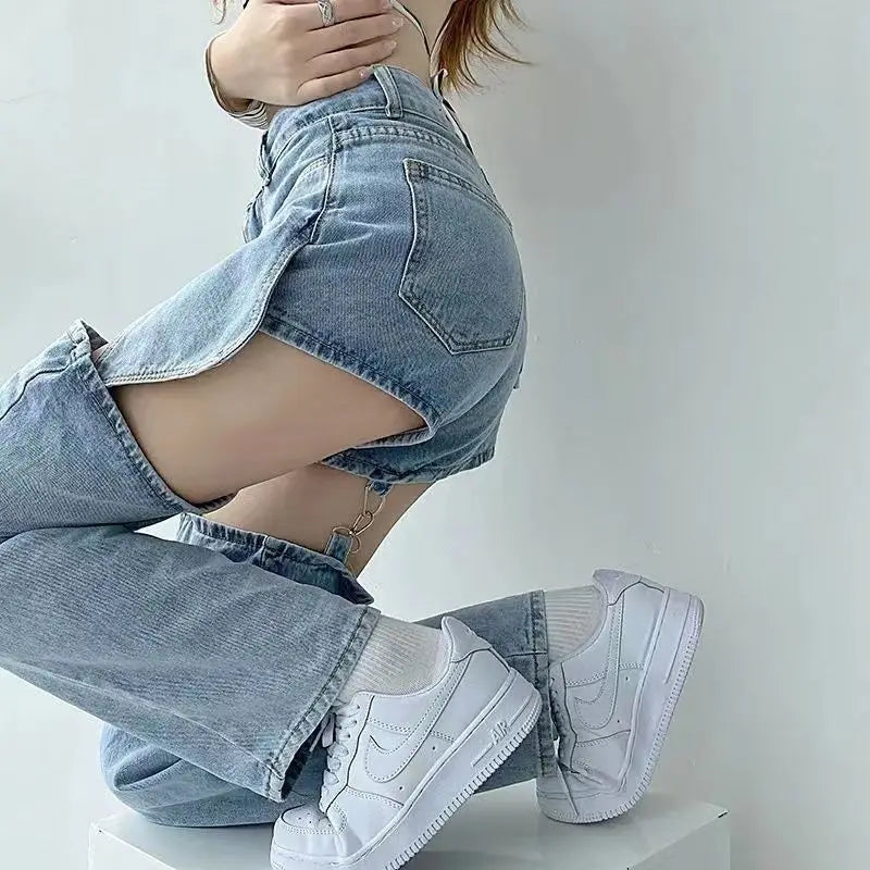 High Waist Detachable Leg Buckle Strap Cut Out Denim-Look Jeans 3