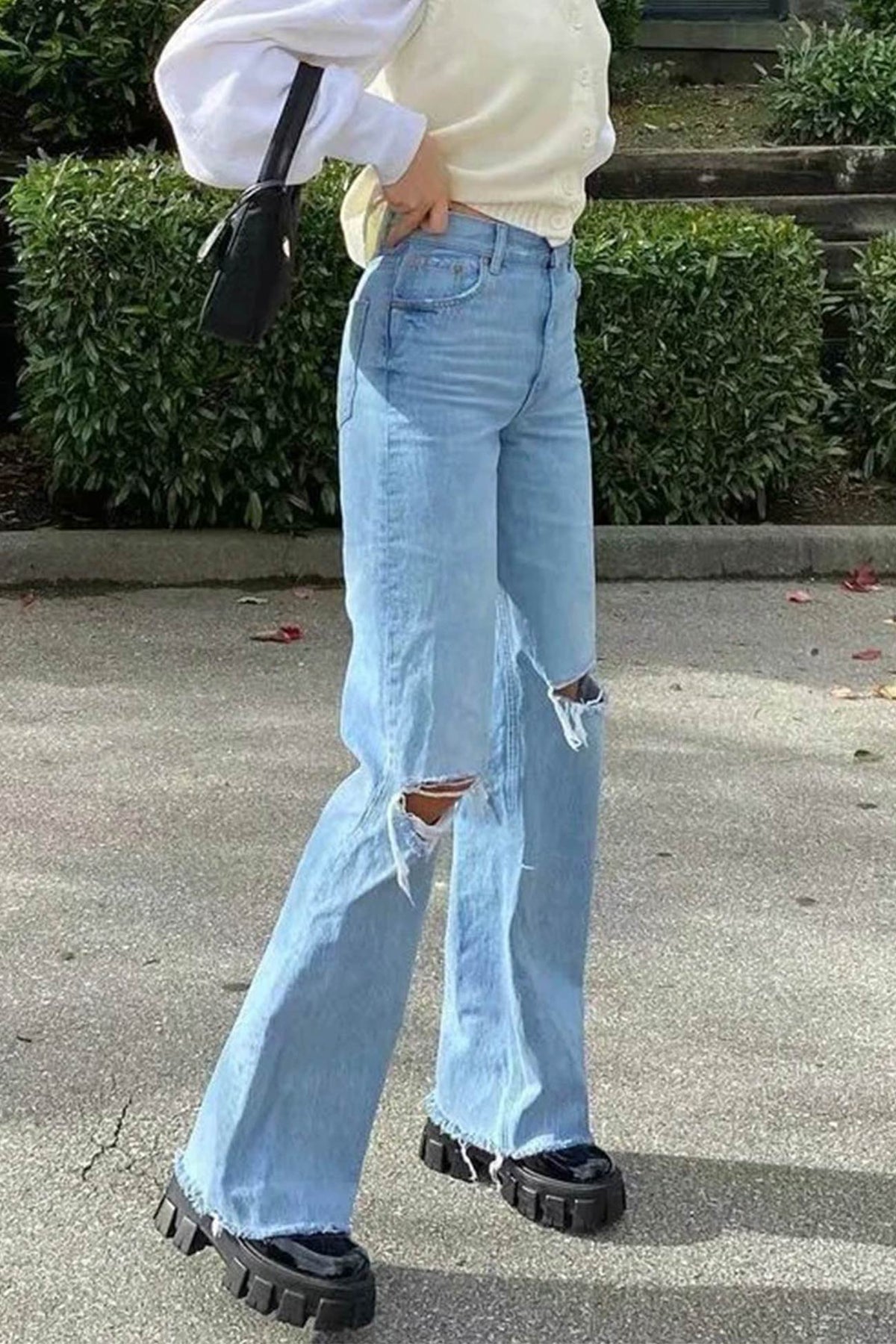 High Waist Ripped Knee Distressed Flare Leg Denim Jeans 2