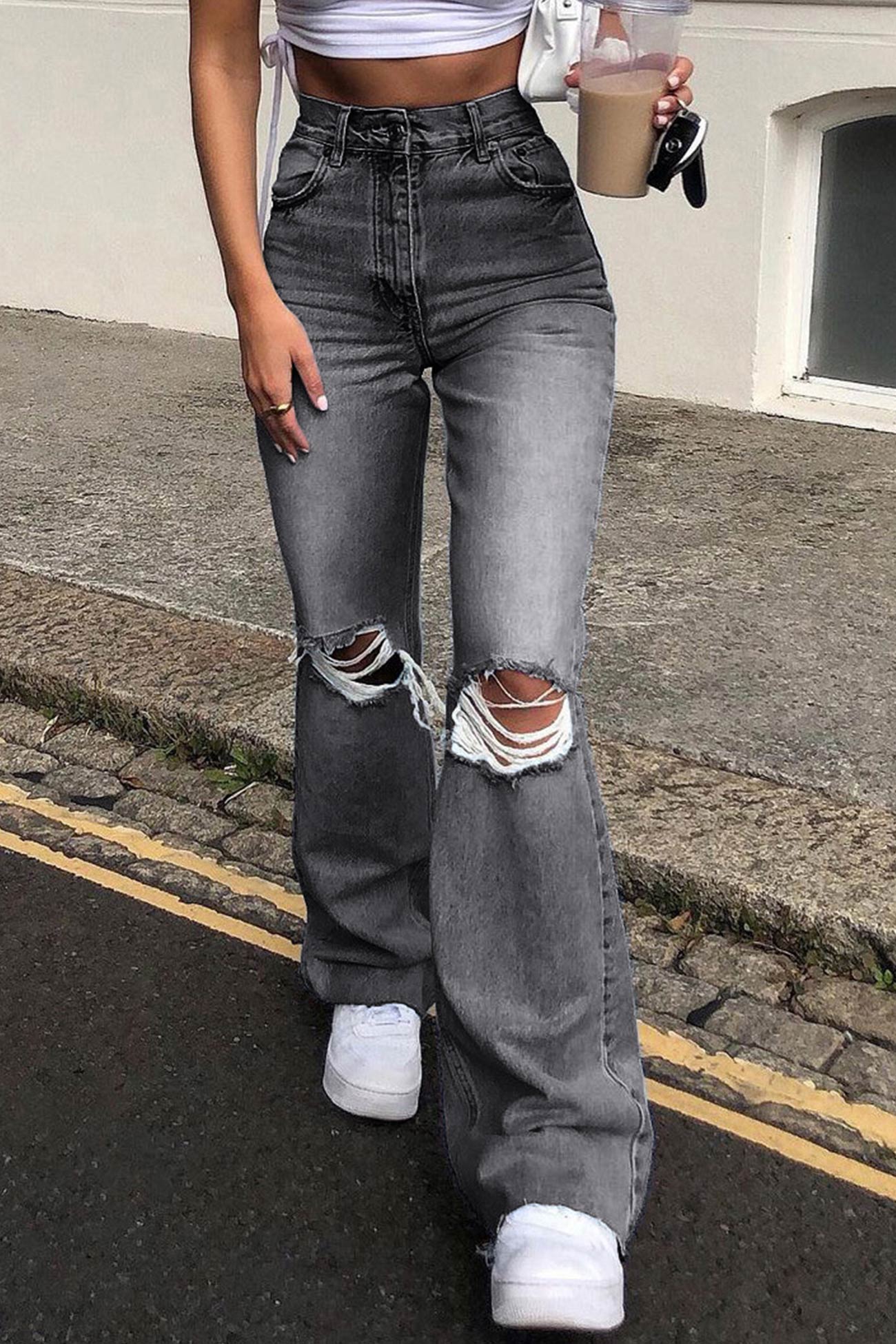 High-Waist Distressed Flared Denim Jeans