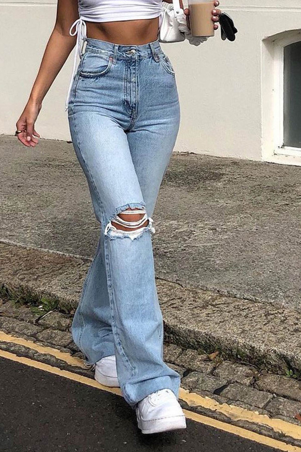 High Waist Ripped Knee Distressed Flare Leg Denim Jeans 3