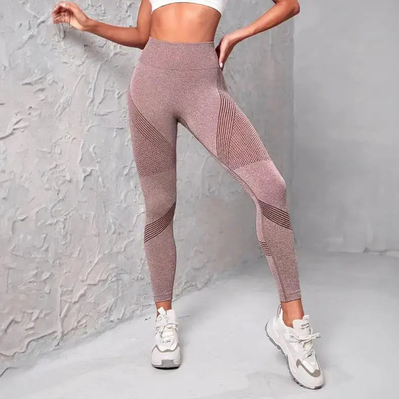 High Waist Seamless Striped Mesh Panel Scrunch Butt Running Leggings 7