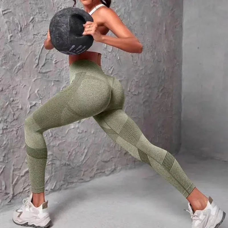 High Waist Seamless Striped Mesh Panel Scrunch Butt Running Leggings