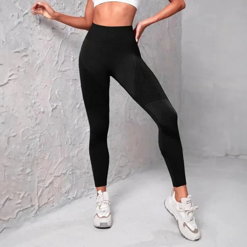 High Waist Seamless Striped Mesh Panel Scrunch Butt Running Leggings 5