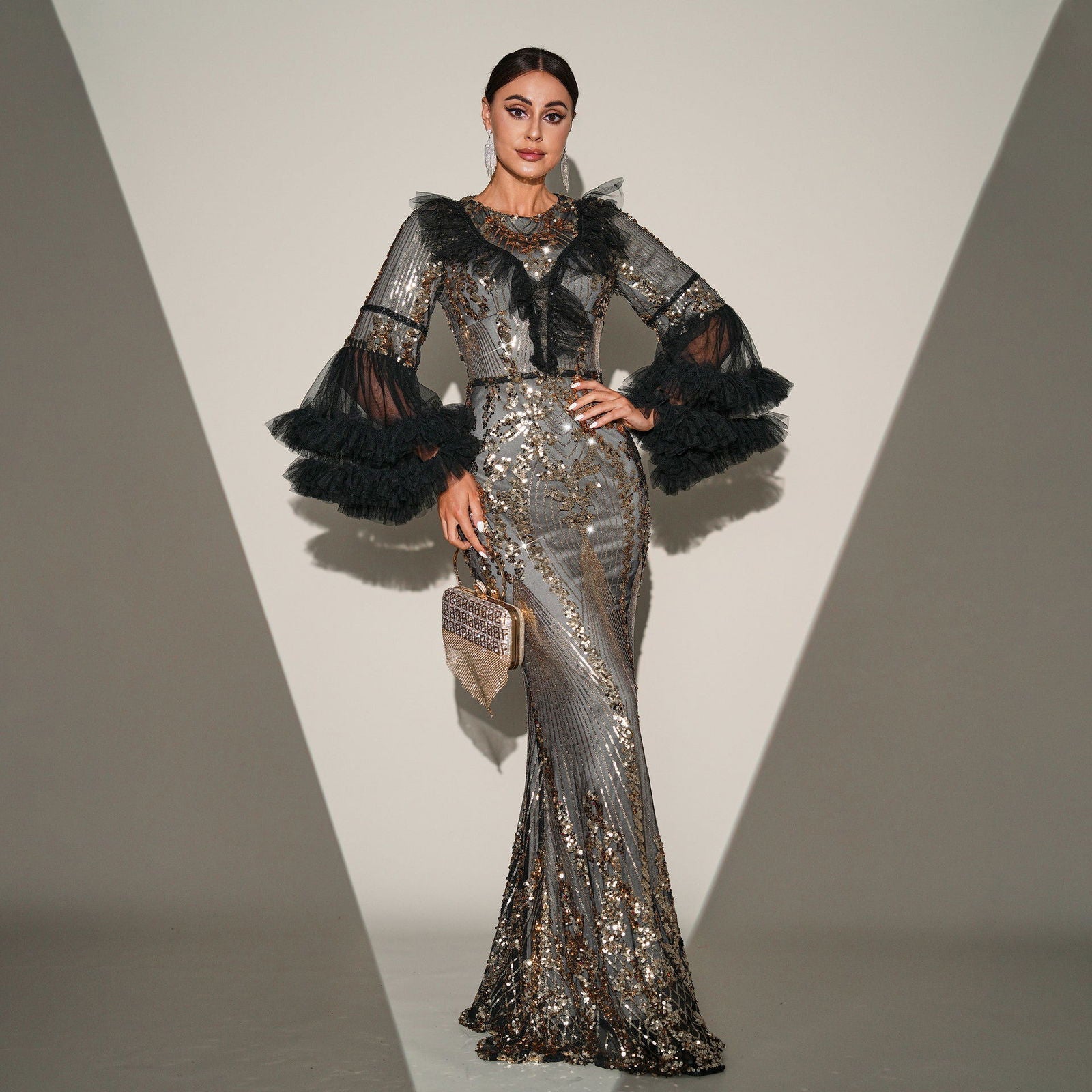 Sequin Round Neck Ruffle Bell Sleeve Mermaid Maxi Gown