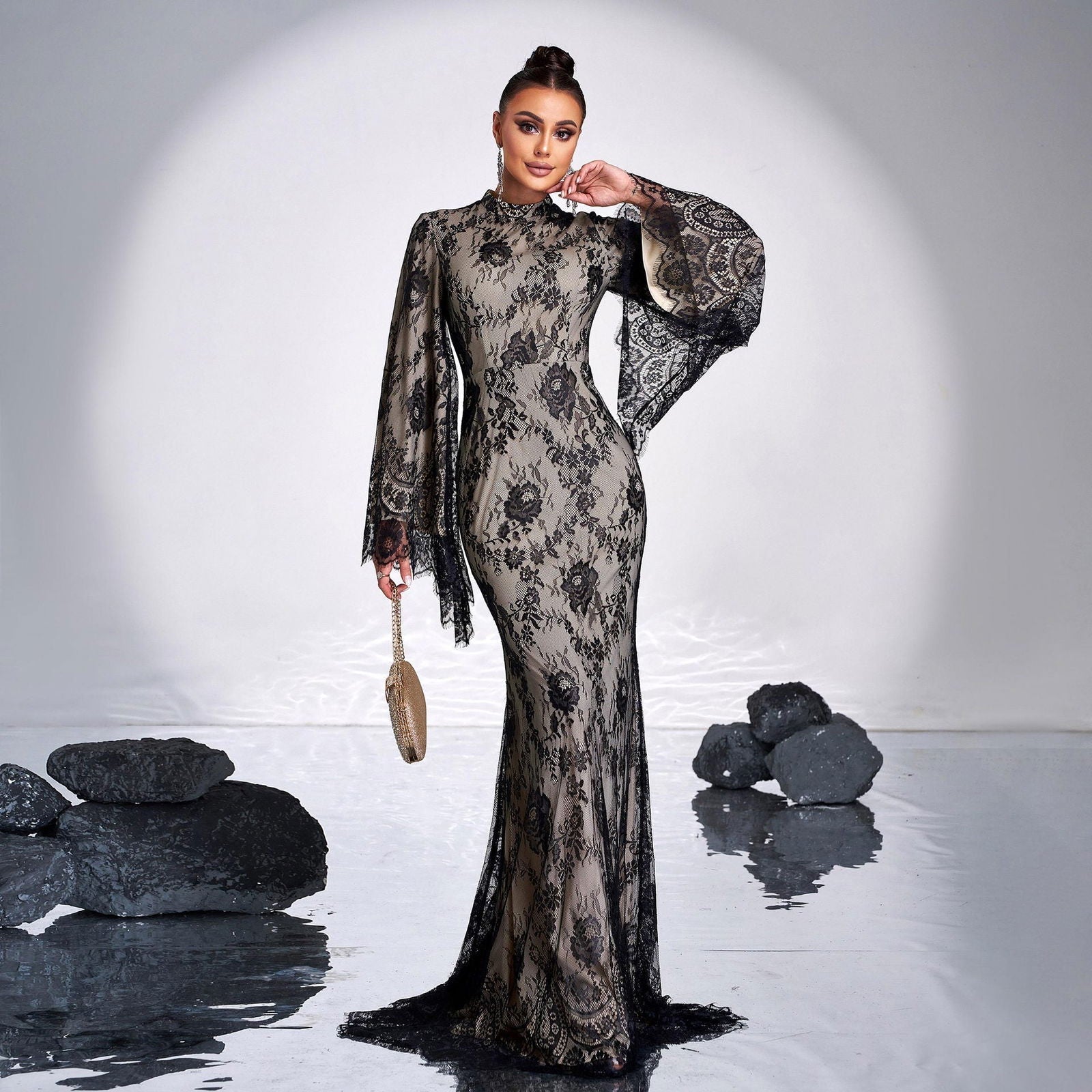 Floral Lace High Neck Bell Sleeve Mermaid Gown