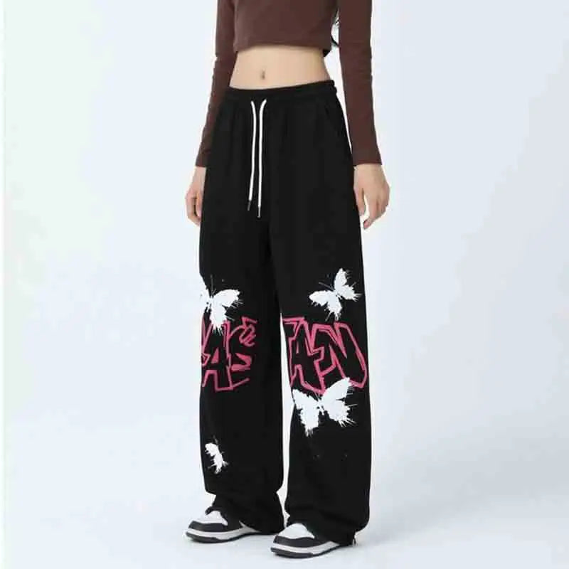 Graffiti Letter Butterfly Print Drawstring Wide Leg Sweatpants 3