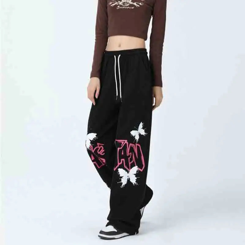 Graffiti Letter Butterfly Print Drawstring Wide Leg Sweatpants 2