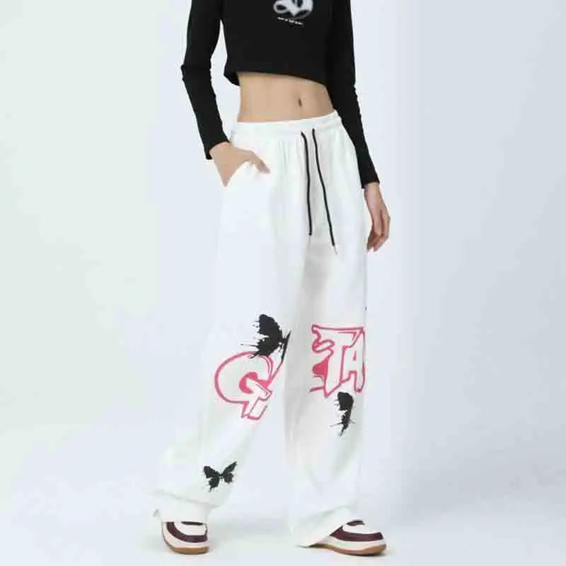 Graffiti Letter Butterfly Print Drawstring Wide Leg Sweatpants 5