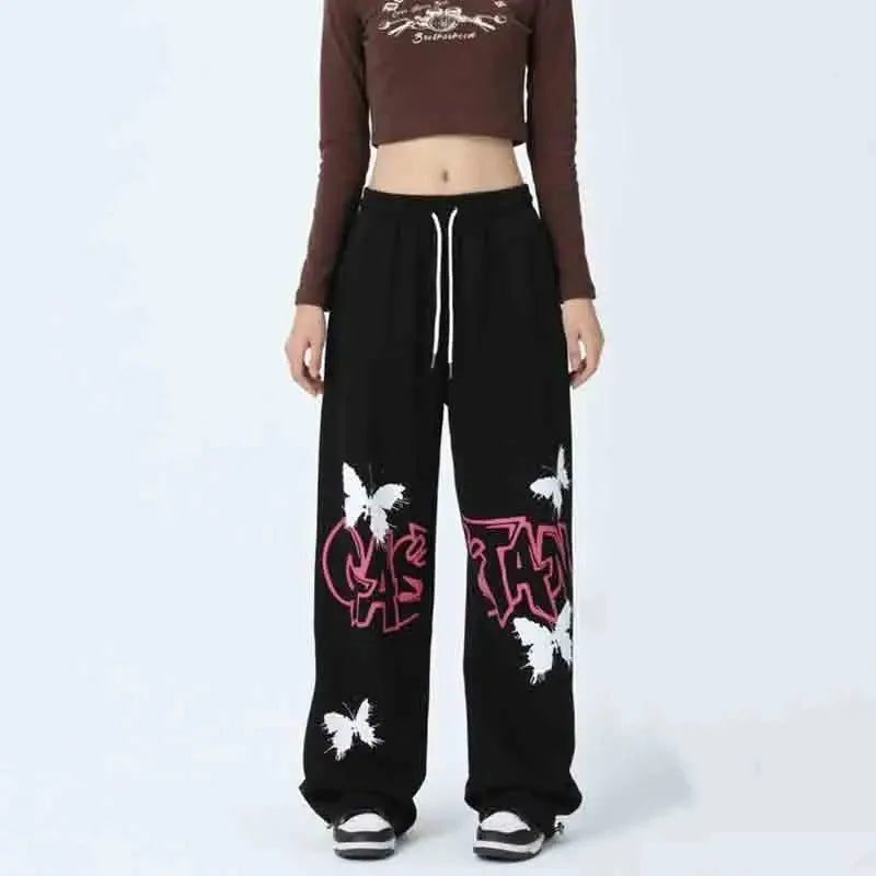 Graffiti Letter Butterfly Print Drawstring Wide Leg Sweatpants