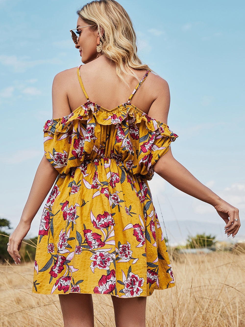 Floral Cold Shoulder Ruffle V-Neck Flowy Mini Summer Dress