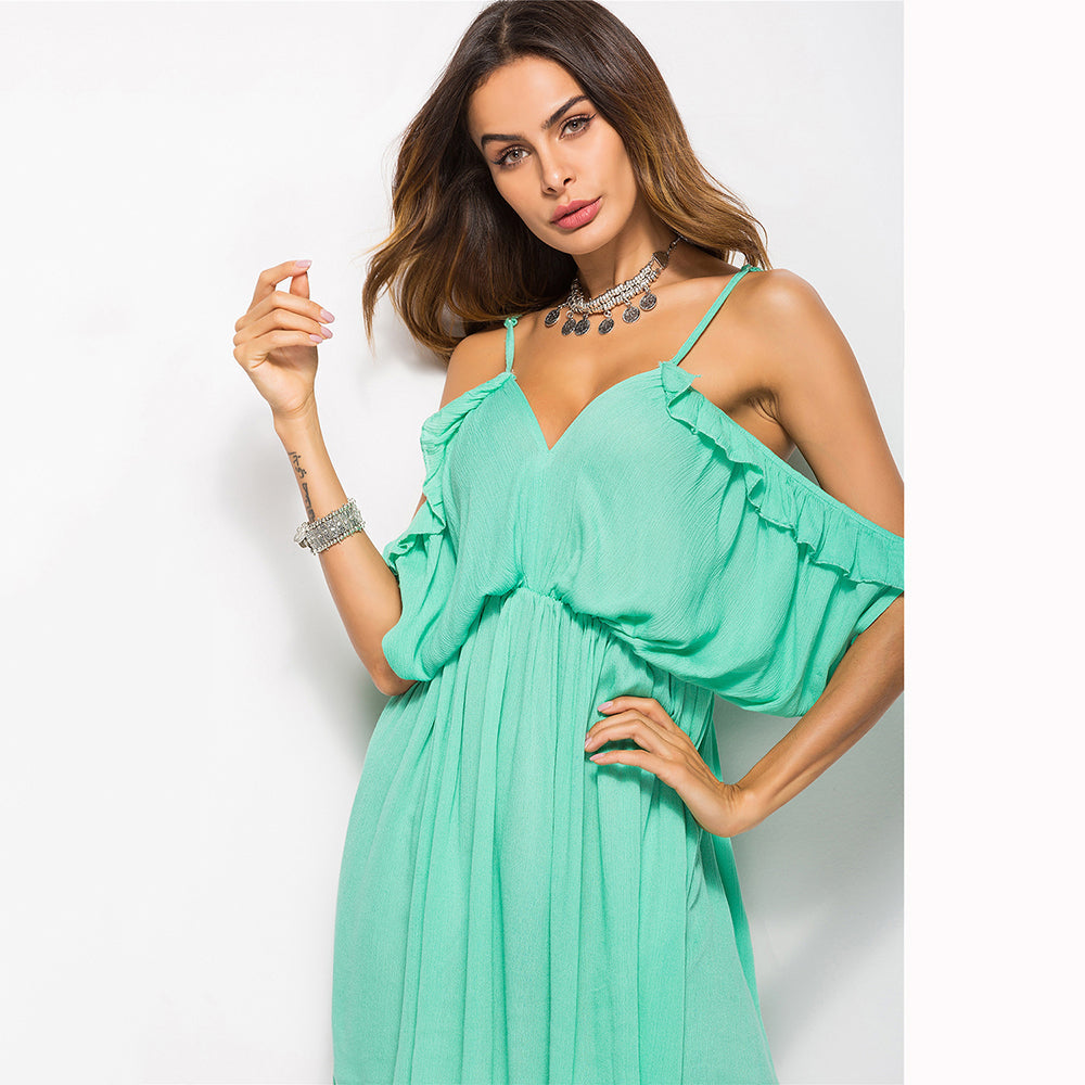 Floral Cold Shoulder Ruffle V-Neck Flowy Mini Summer Dress
