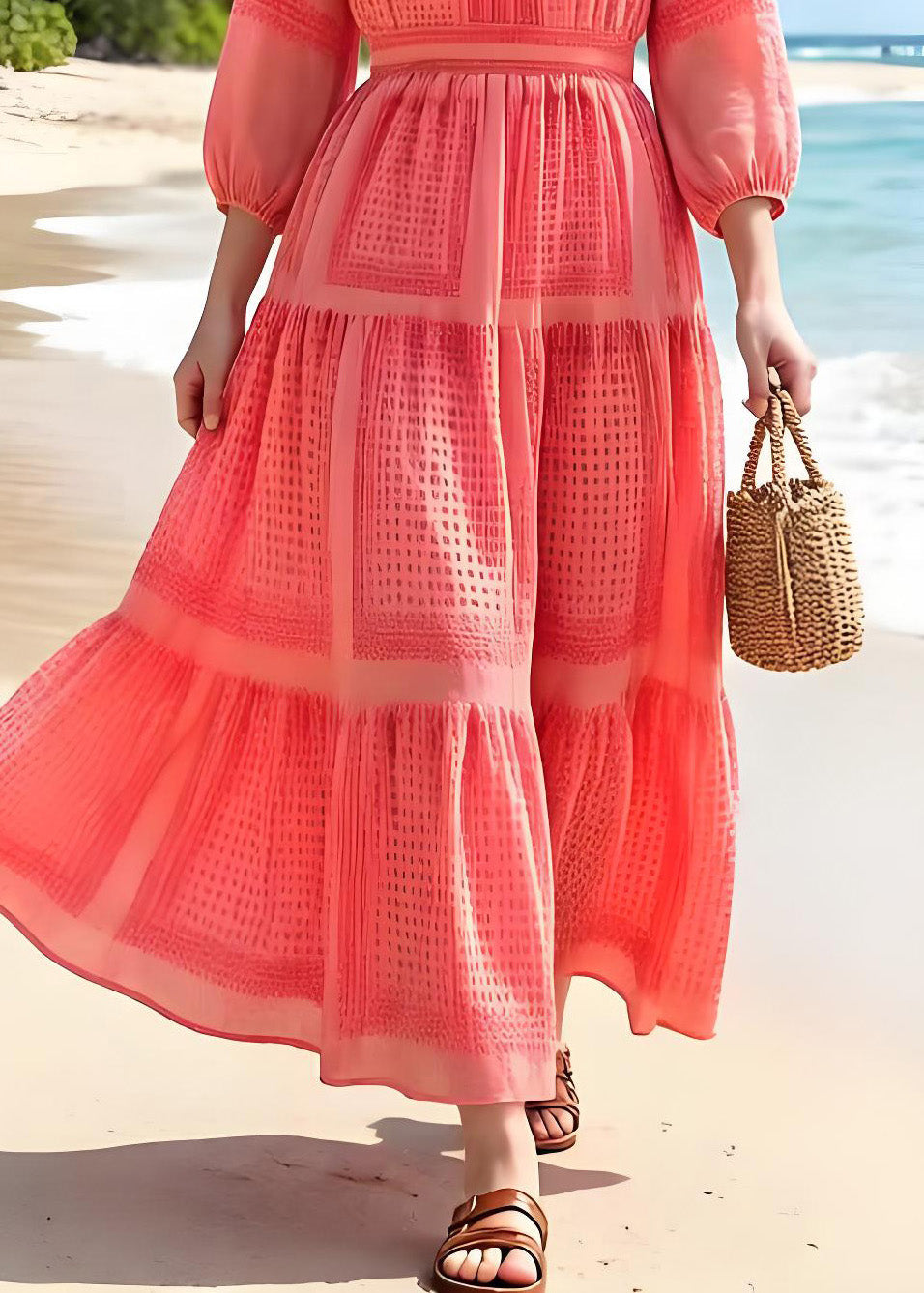 V-Neck Puff Sleeve Pintuck Tiered Chiffon Maxi Dress