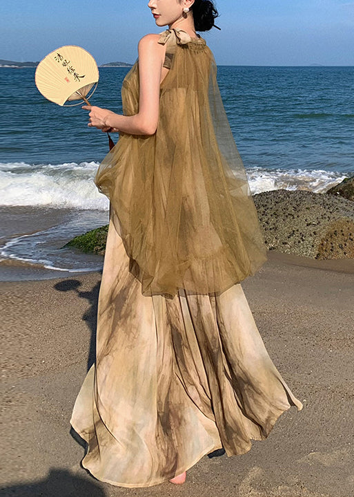 Halter Neck Sleeveless Tulle Tie Dye Layered Maxi Dress