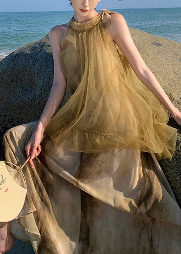 Halter Neck Sleeveless Tulle Tie Dye Layered Maxi Dress