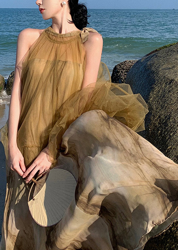 Halter Neck Sleeveless Tulle Tie Dye Layered Maxi Dress