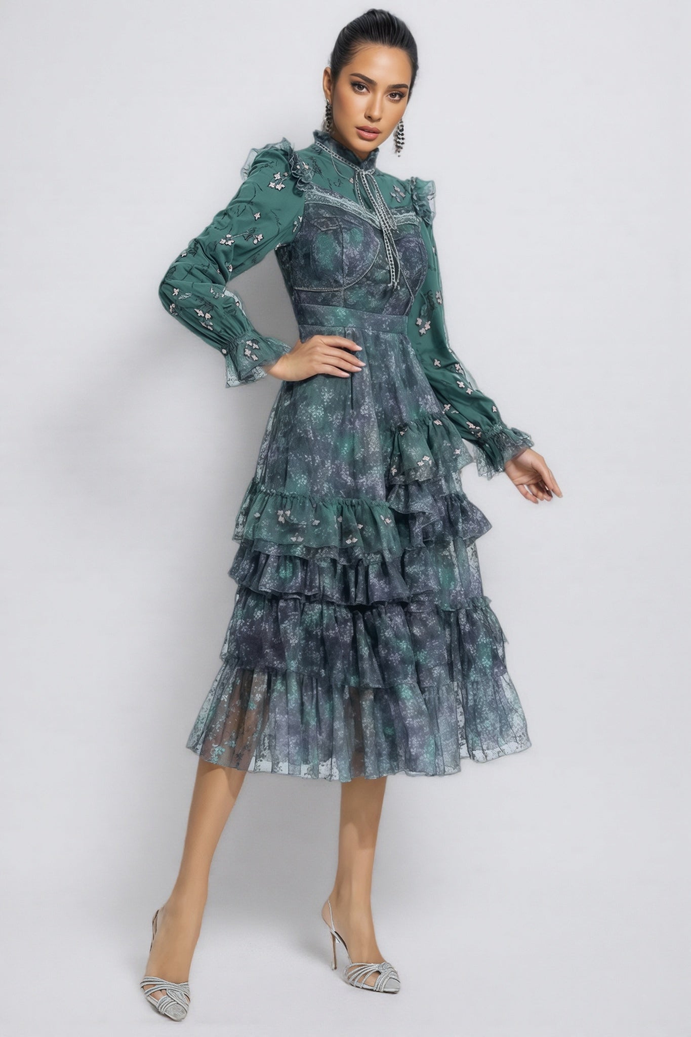 Floral Print Tie Neck Long Sleeve Tiered Ruffle Midi Dress