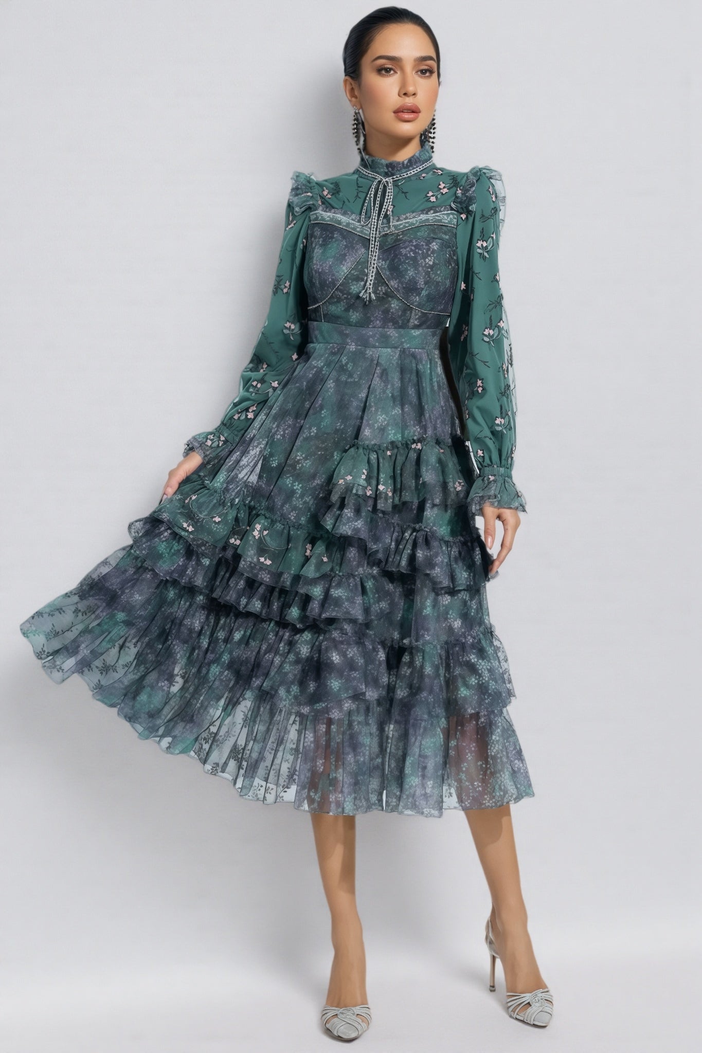 Floral Print Tie Neck Long Sleeve Tiered Ruffle Midi Dress