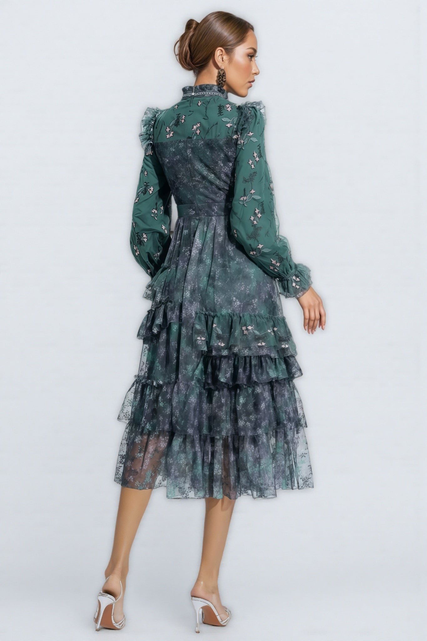 Floral Print Tie Neck Long Sleeve Tiered Ruffle Midi Dress
