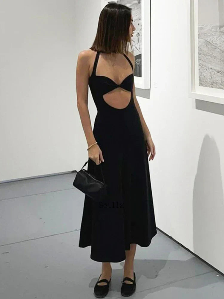 Halter Neck Twist Front Cut Out A-Line Midi Dress