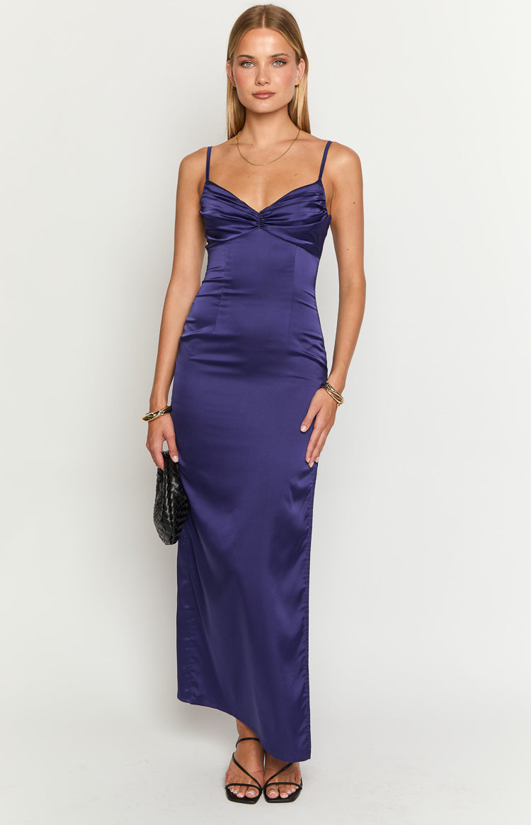 Satin Twist Front Sweetheart Spaghetti Strap Bodycon Maxi Dress 2