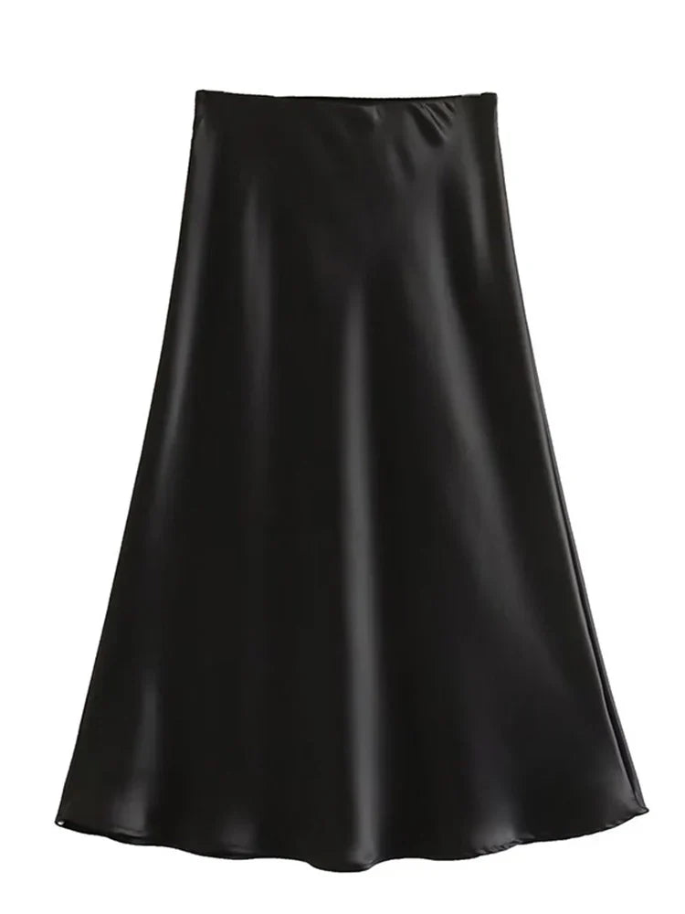 Solid Satin Elastic Waist Summer Slim ALine Skirt