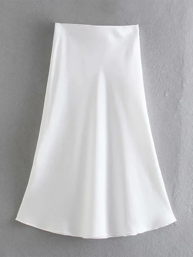 Solid Satin Elastic Waist Summer Slim ALine Skirt