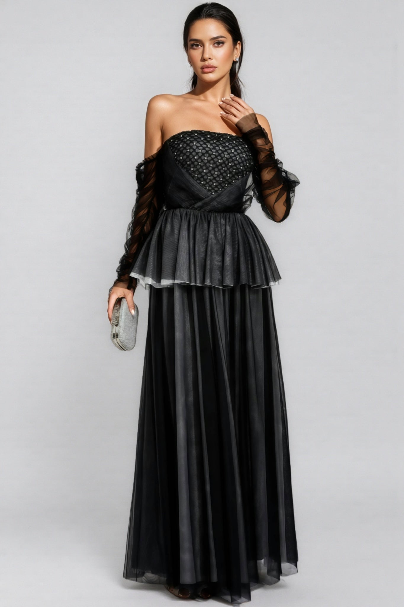 Uxley Black Mesh Off Shoulder Maxi Dress - View 5