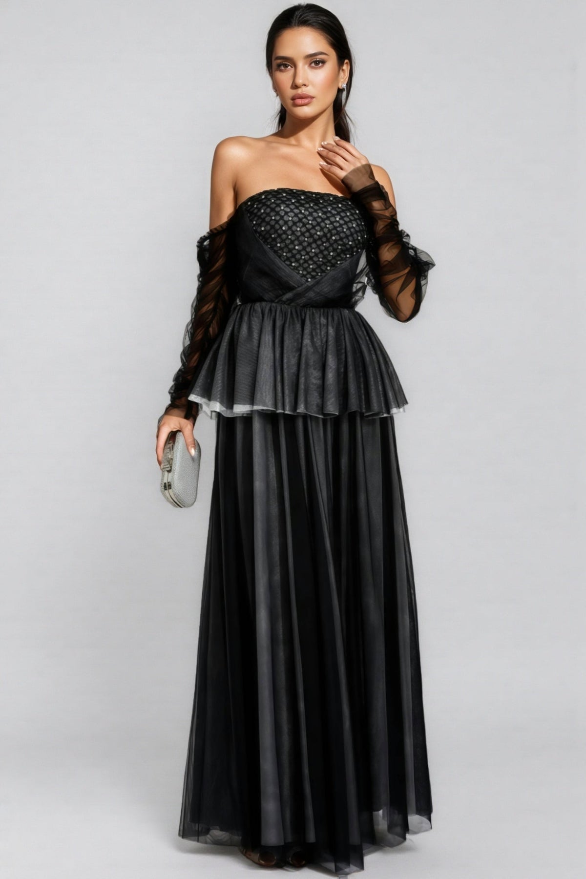 Strapless Tulle Beaded Bodice Peplum Waist A-Line Maxi Gown 5