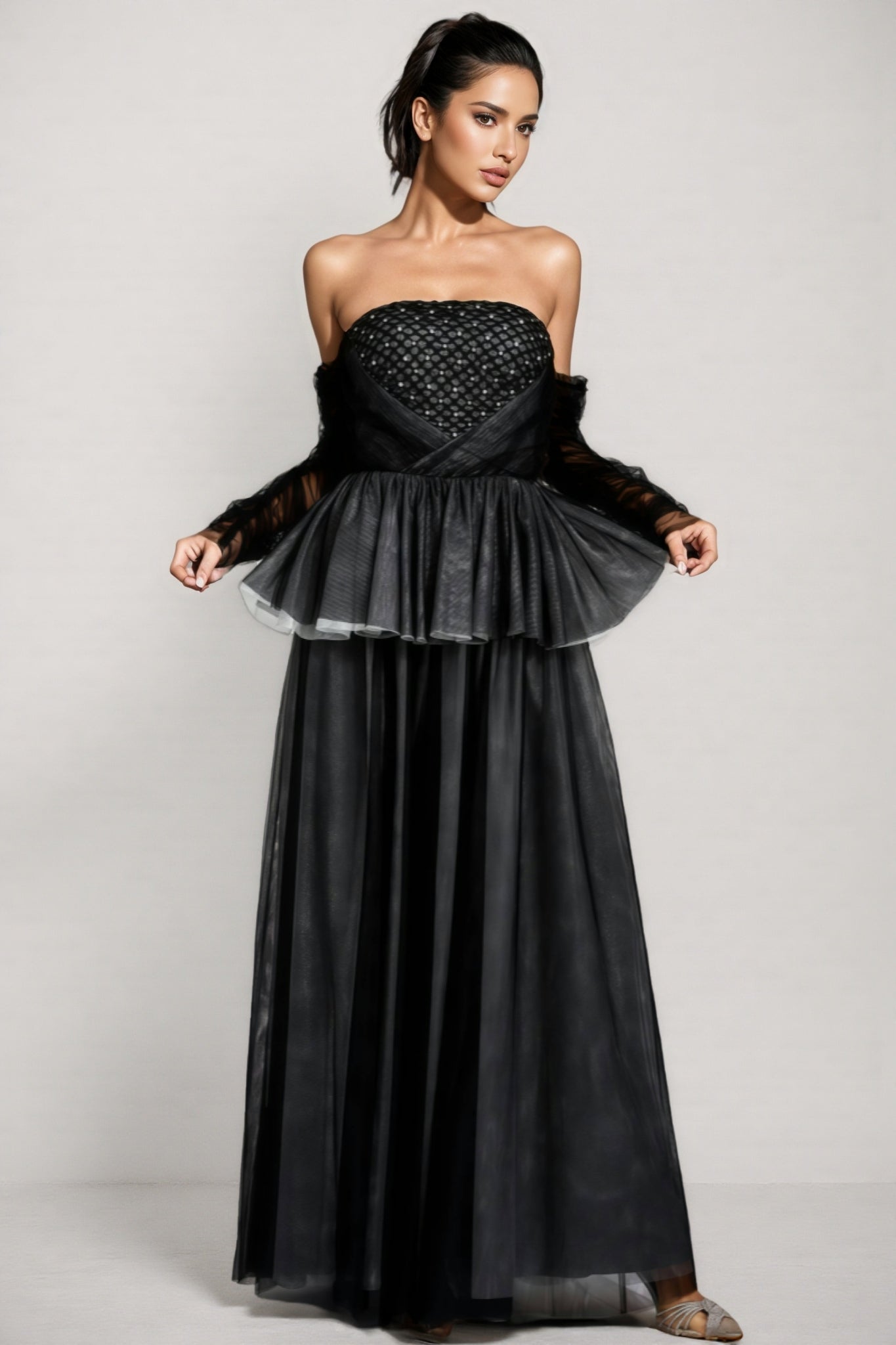 Uxley Black Mesh Off Shoulder Maxi Dress - View 6