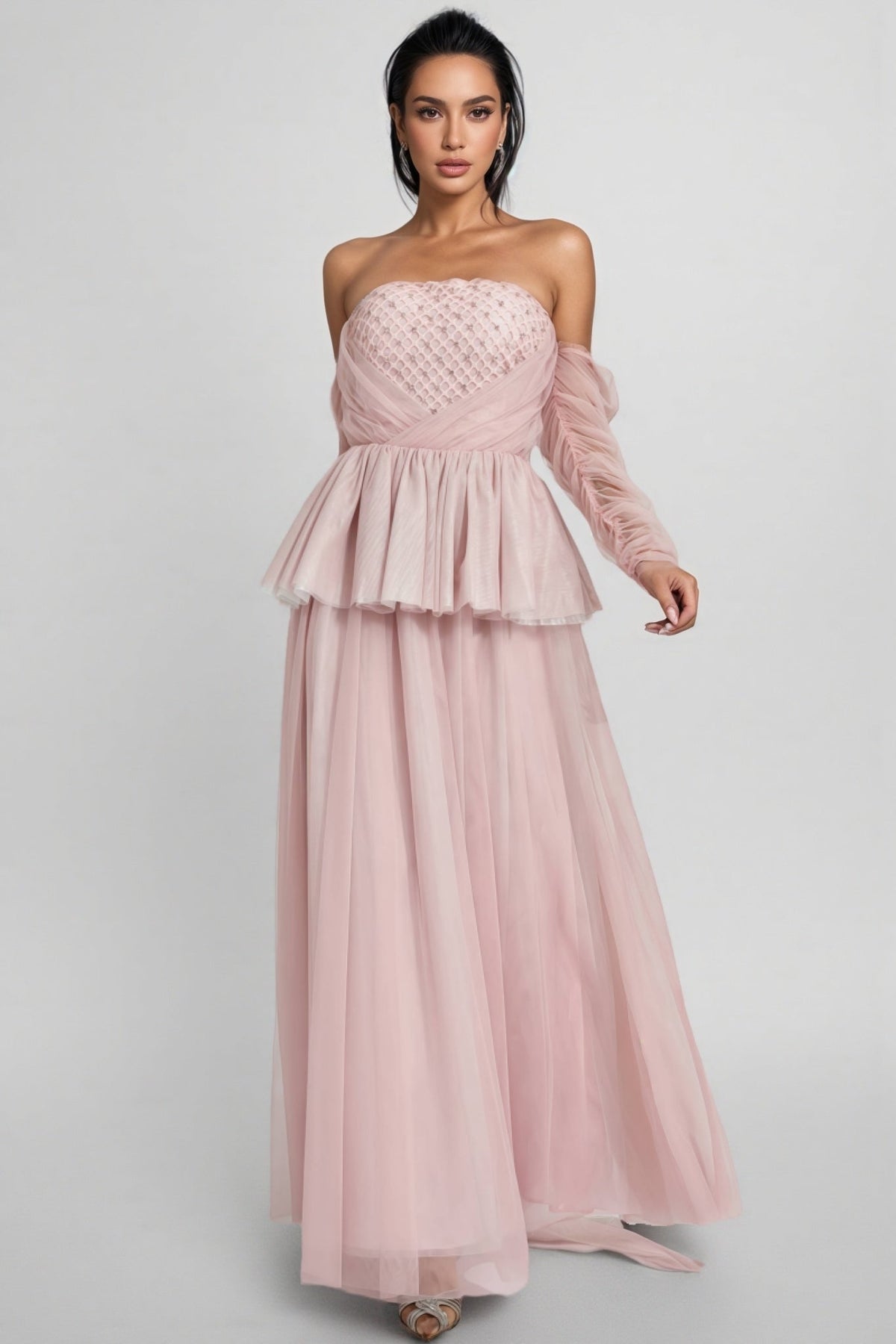 Strapless Beaded Bodice Peplum Tiered Tulle Maxi Dress 4