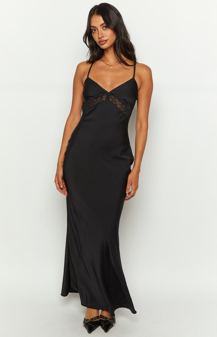 Satin V-Neck Lace Trim Cross Back Fitted Mermaid Maxi Dress 2