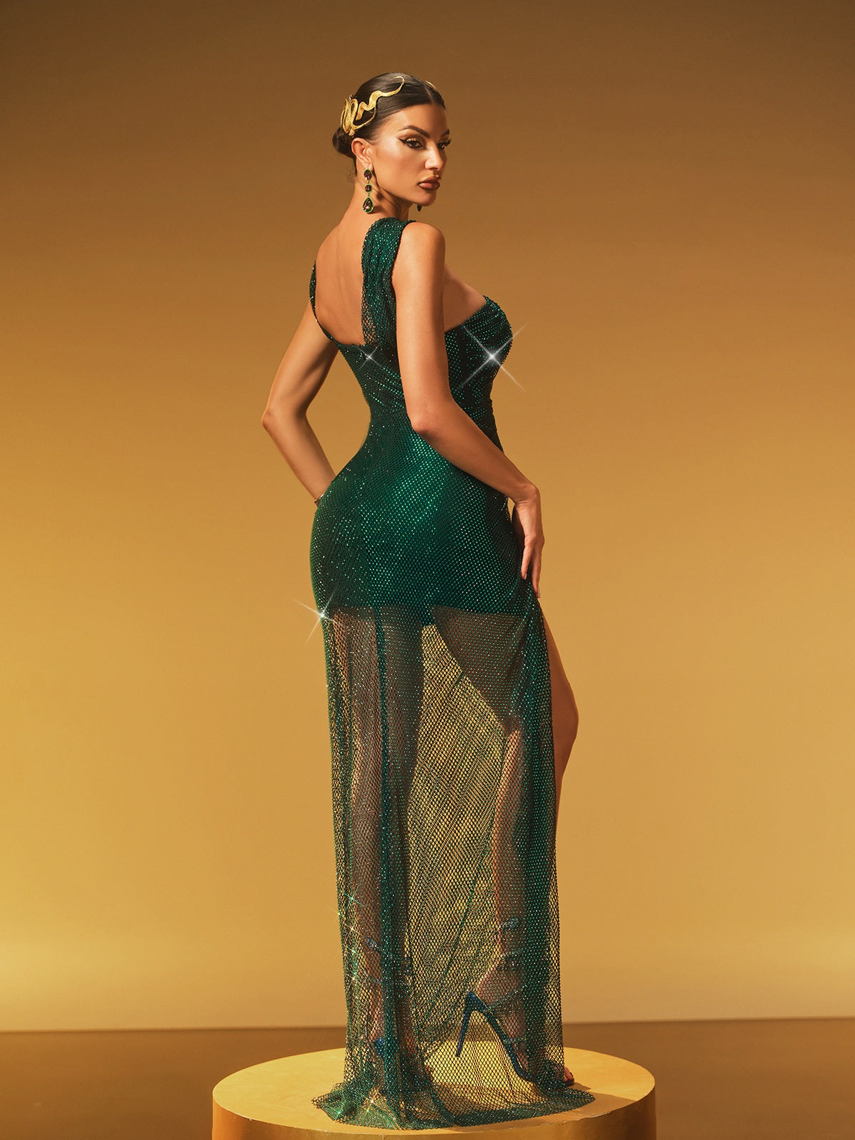 Rhinestone Mesh Split Maxi Dress - View 6