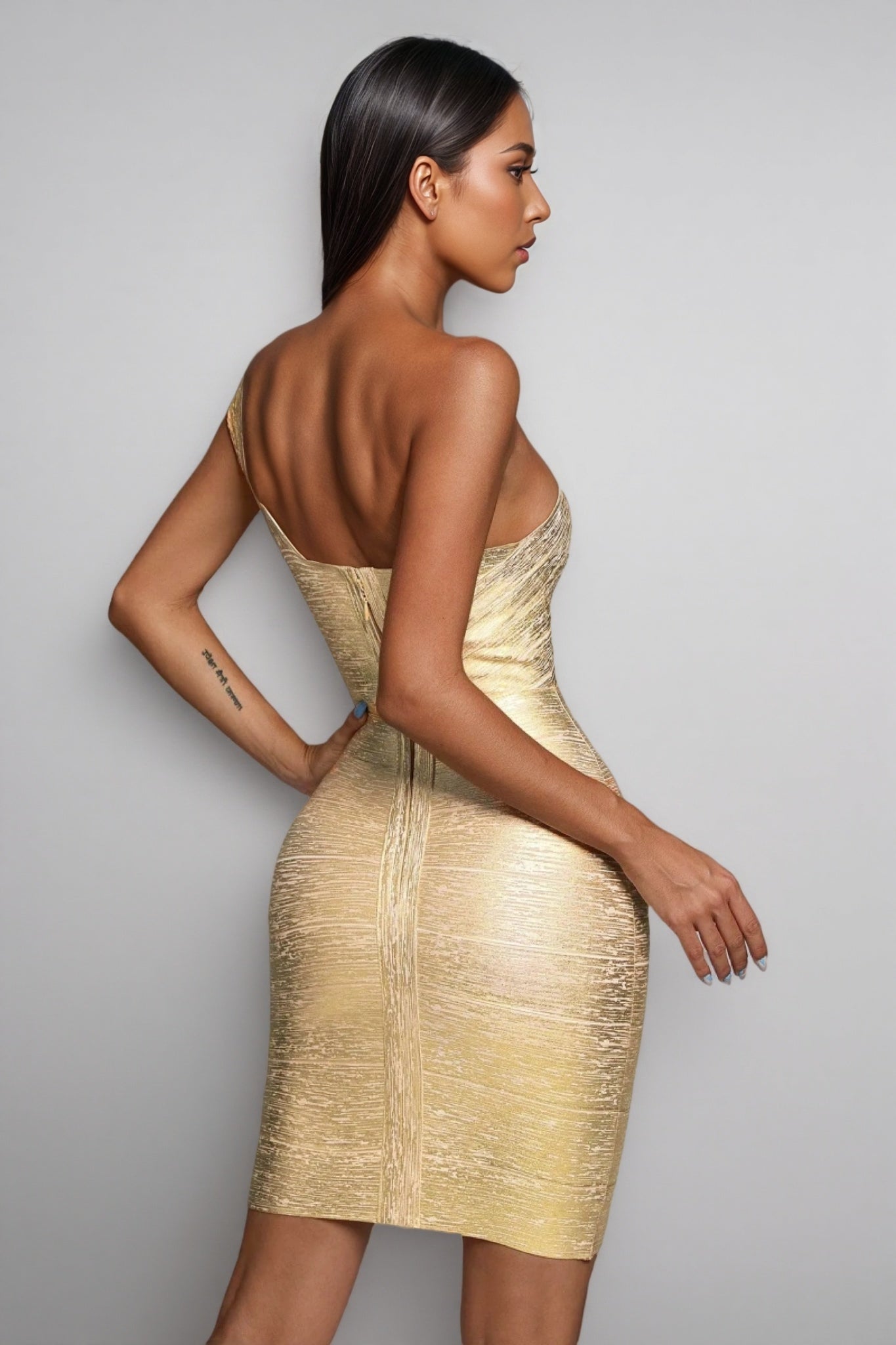 Metallic One Shoulder Ribbed Bandage Bodycon Cocktail Mini Dress
