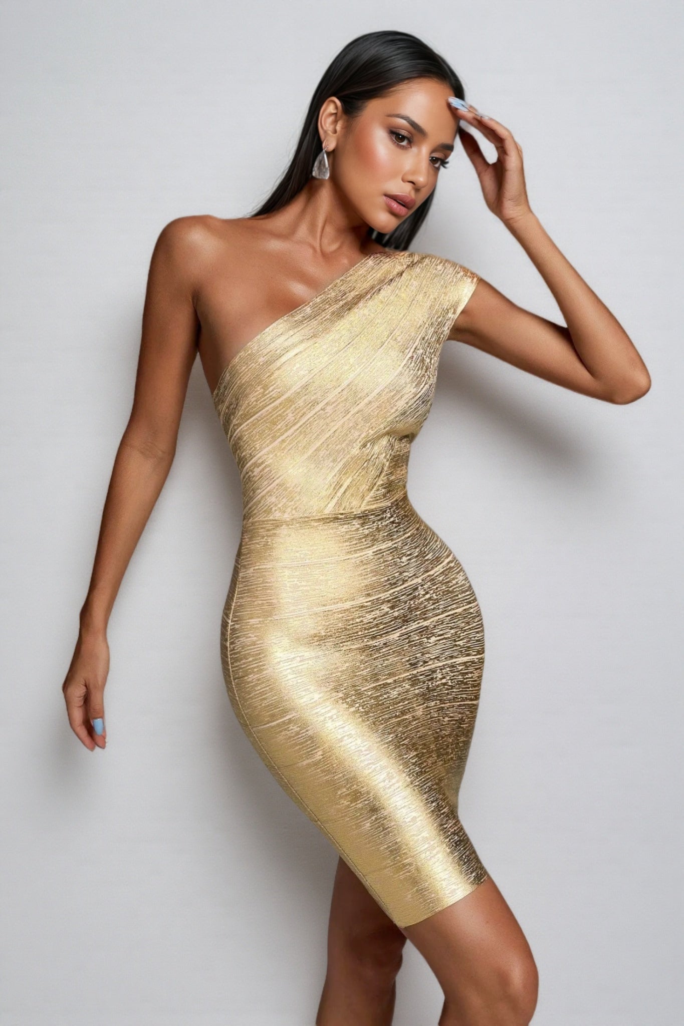 Metallic One Shoulder Ribbed Bandage Bodycon Cocktail Mini Dress