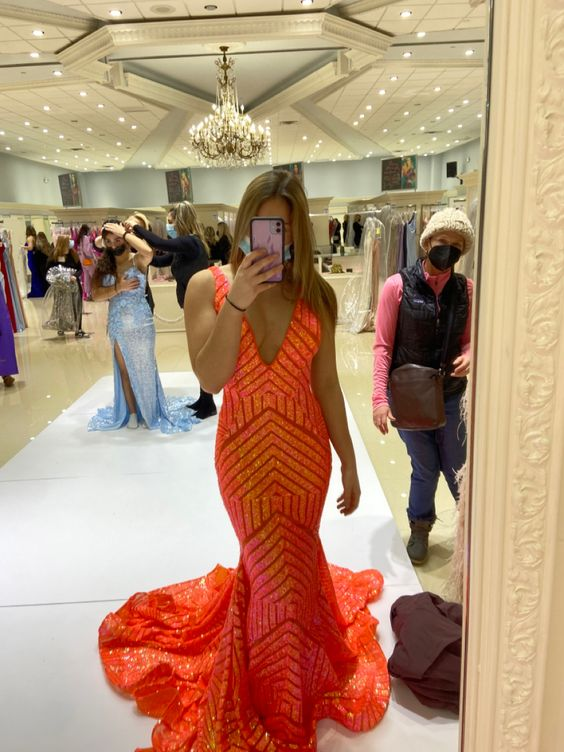 Deep Sequin Mermaid Orange V-neck Prom Dress cc1276
