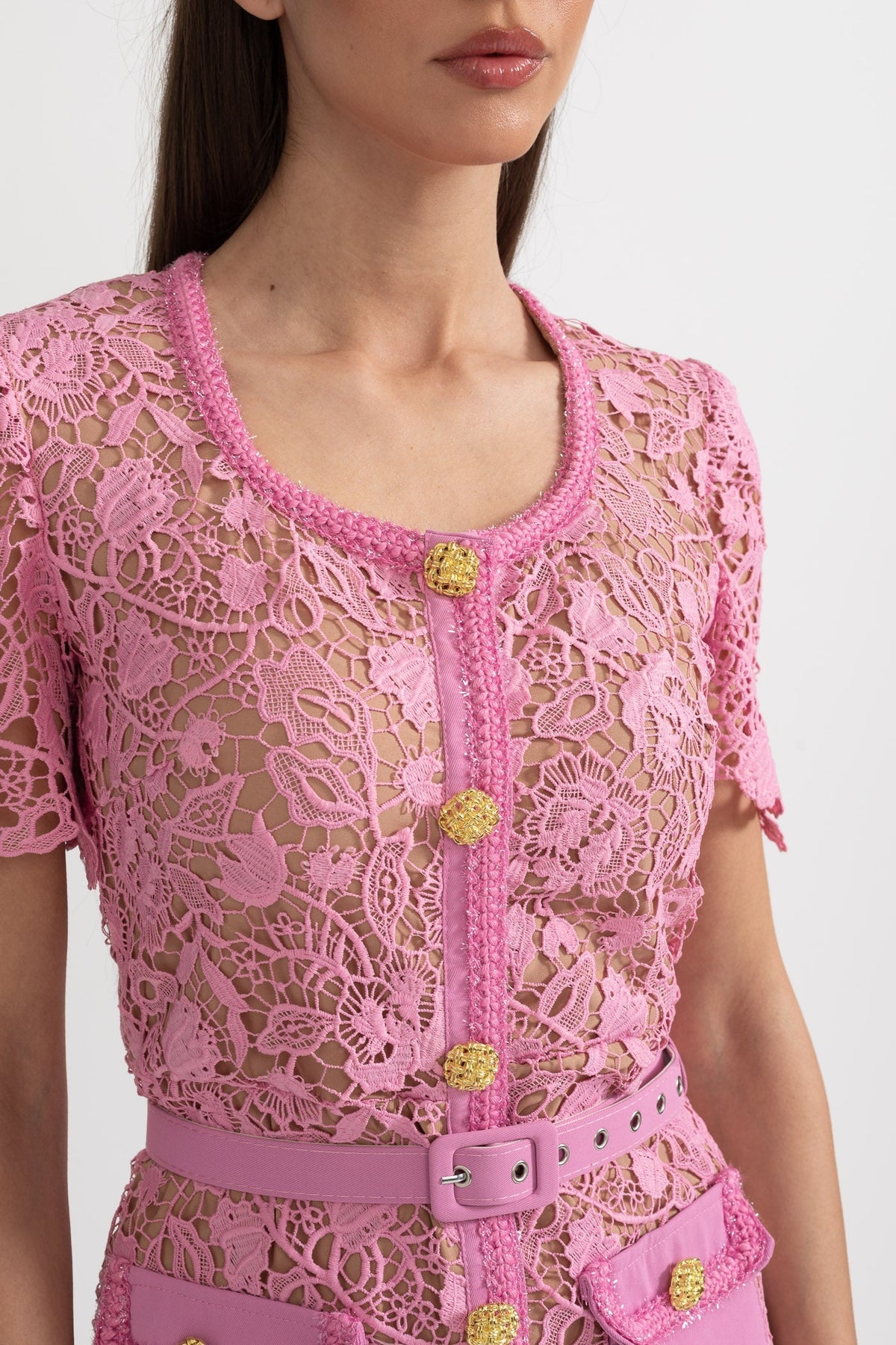 Lace Square Neck Short Sleeve Flap Pocket Jewel Button Belted Midi Dress 6