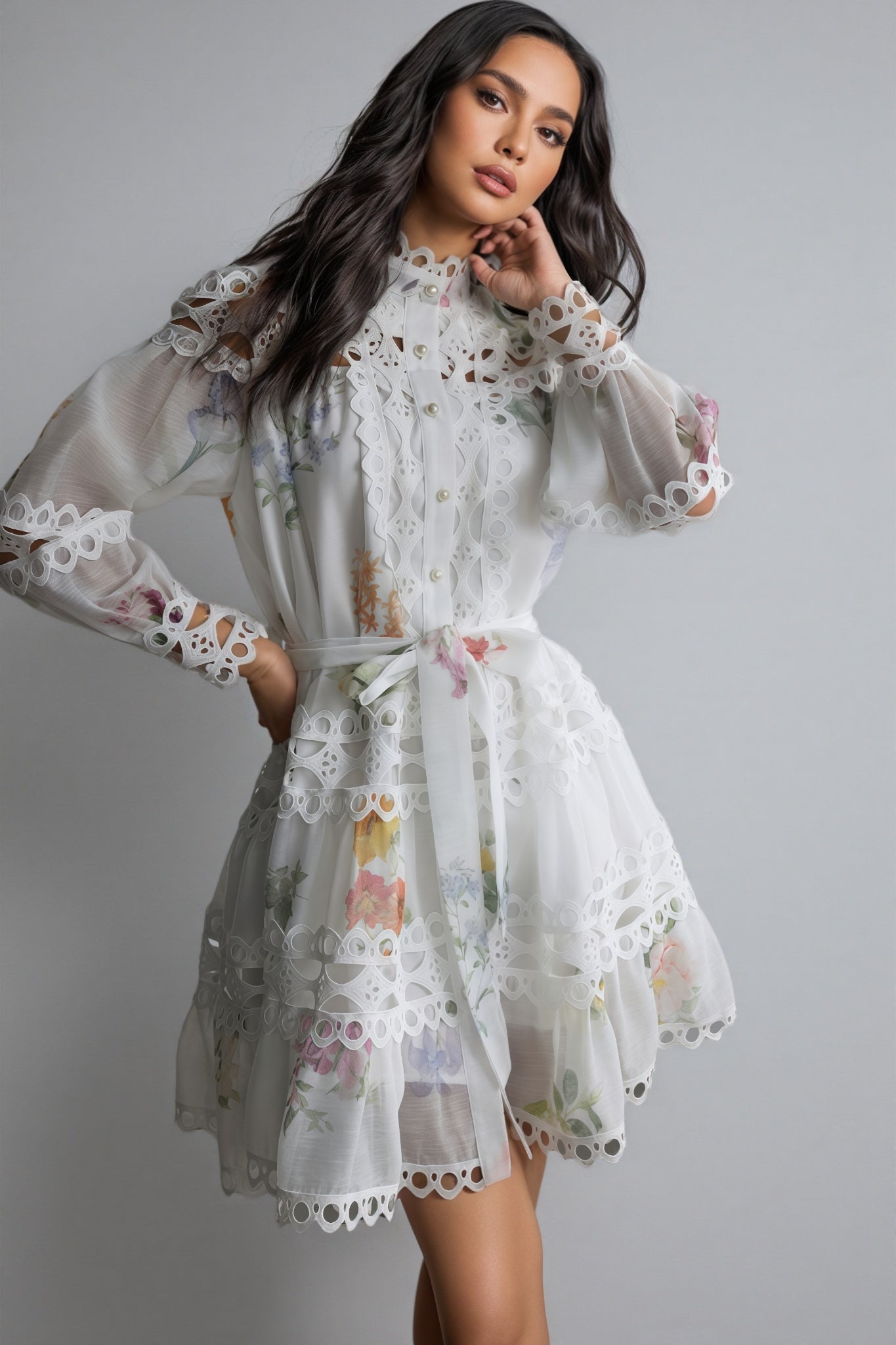Floral Print Lace High Neck Bishop Sleeve A-Line Mini Dress