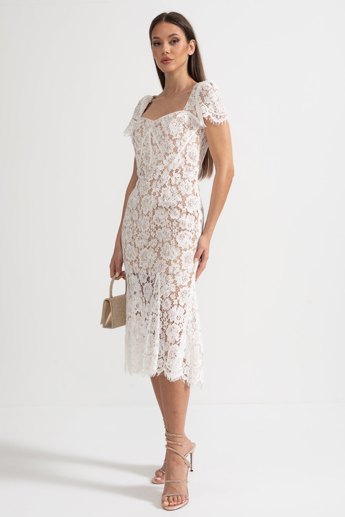 Lace Bustier Sweetheart Neck Puff Sleeve Belted Bow Midi Dress - View 8