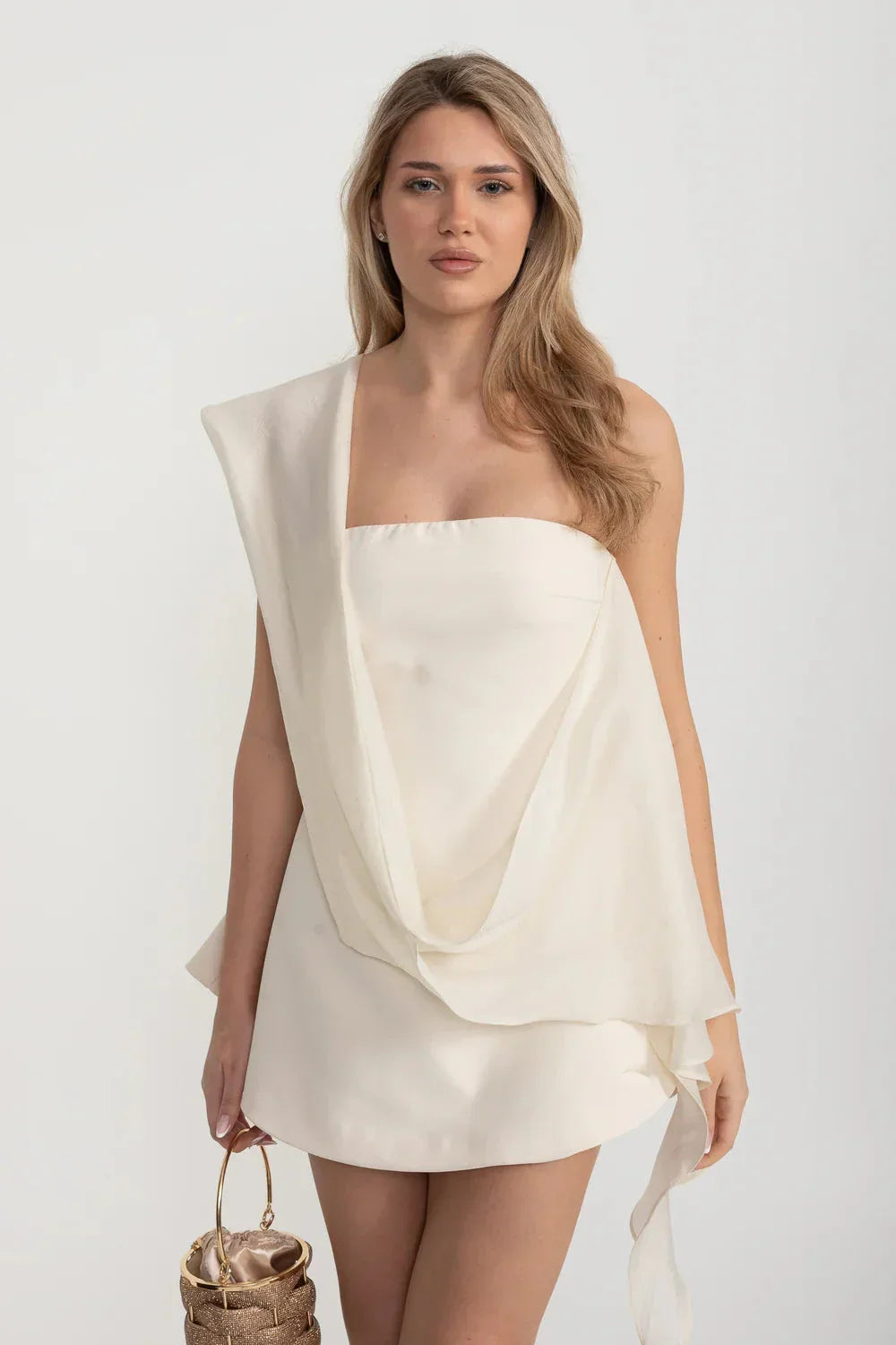 Strapless Draped Overlay Asymmetric Fitted Mini Dress