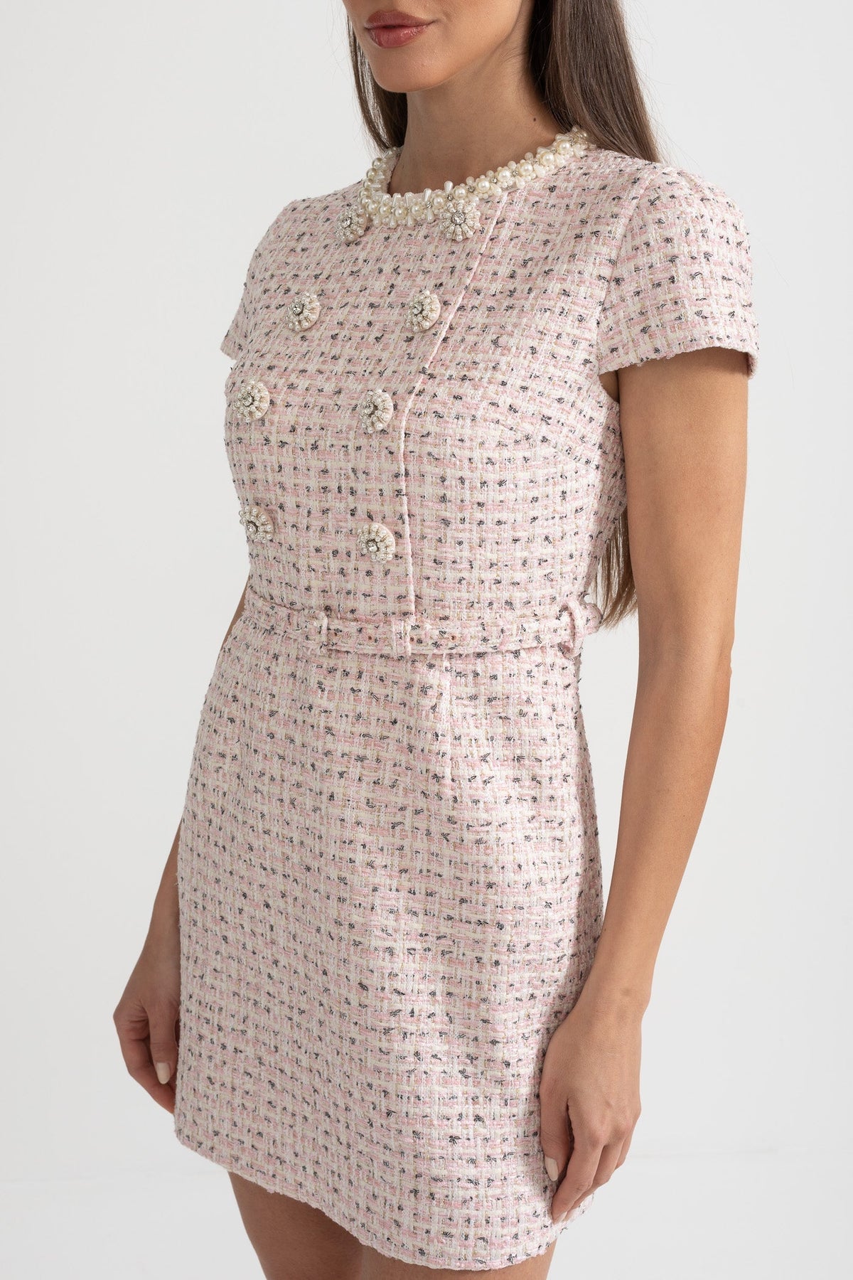 Tweed Pearl Collar Crystal Button Belted Mini Dress - View 11