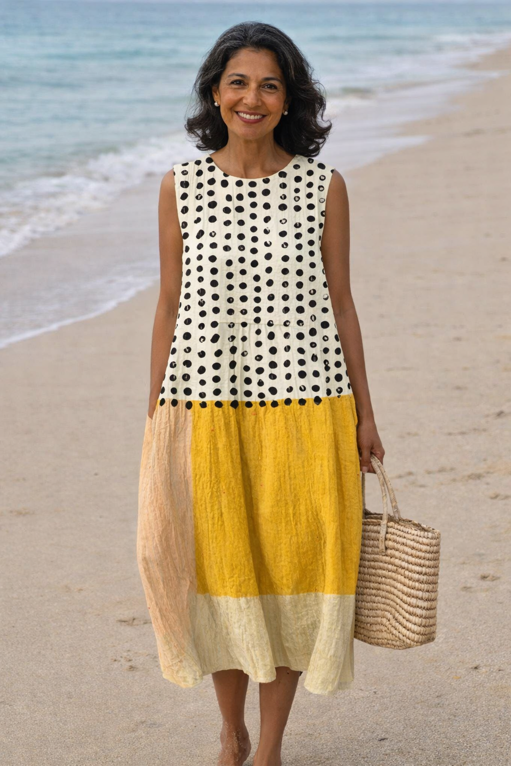 Polka Dot Color Block Sleeveless Tiered Midi Dress