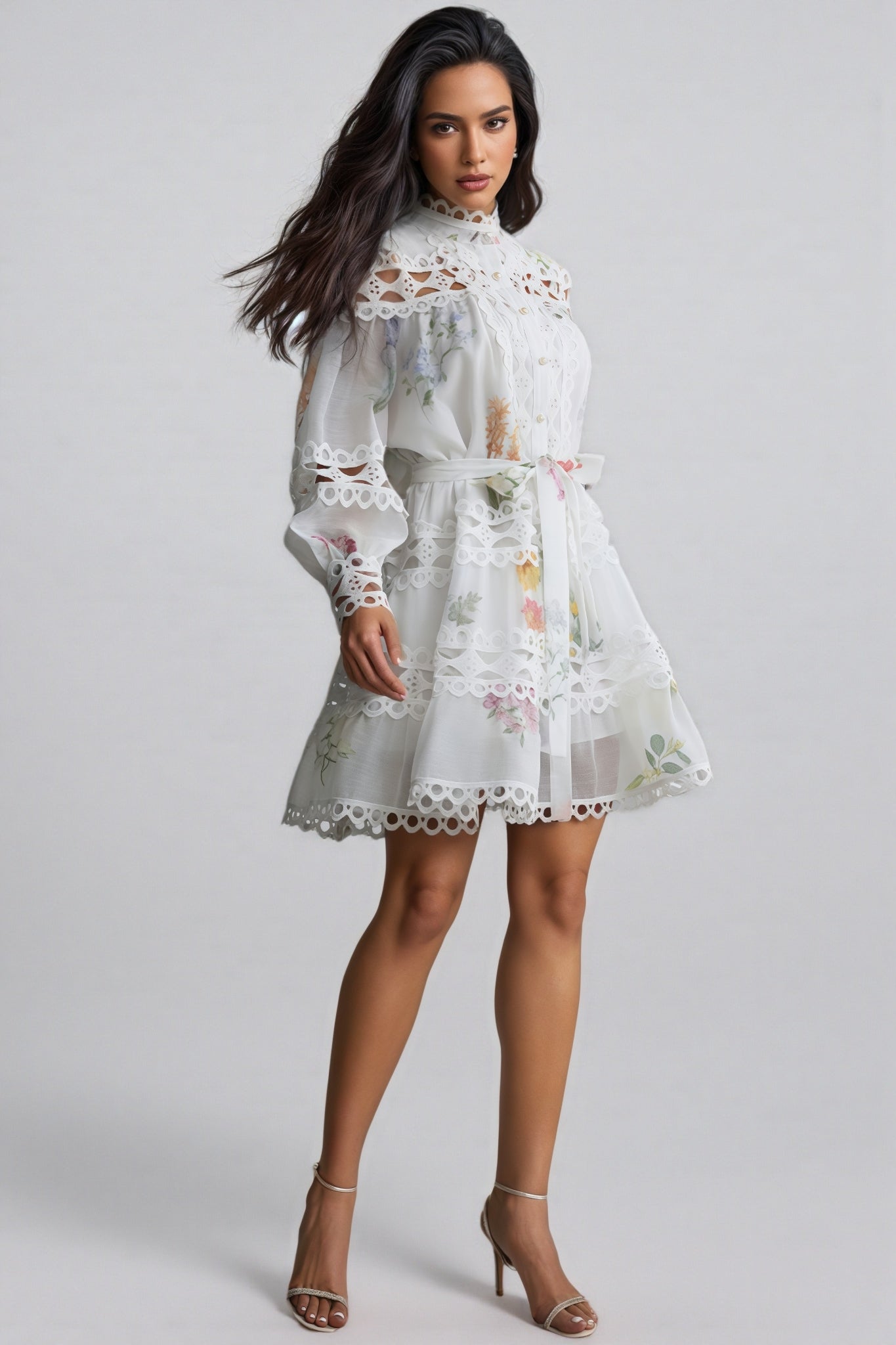 Floral Print Lace High Neck Bishop Sleeve A-Line Mini Dress