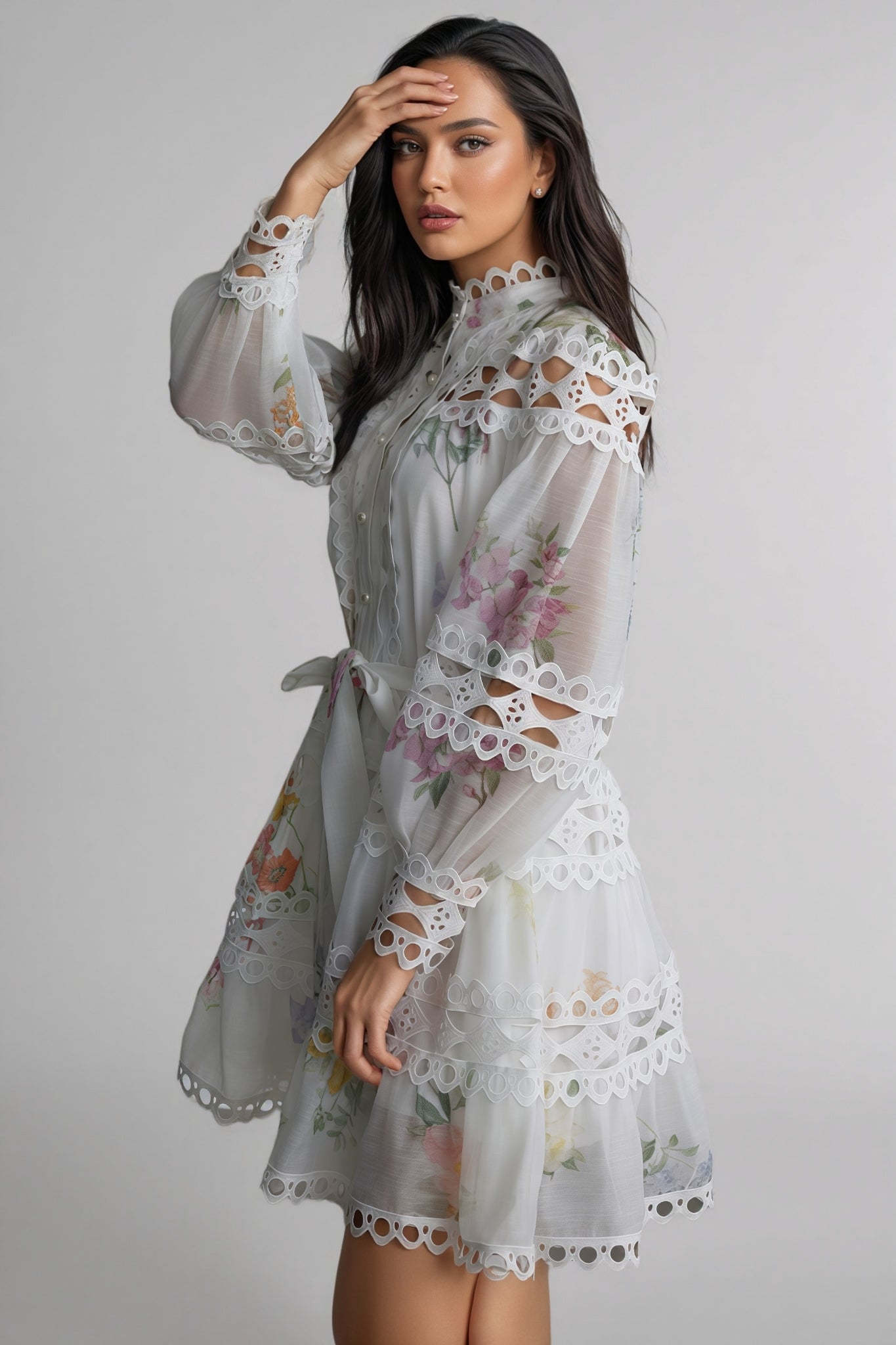 Floral Print Lace High Neck Bishop Sleeve A-Line Mini Dress