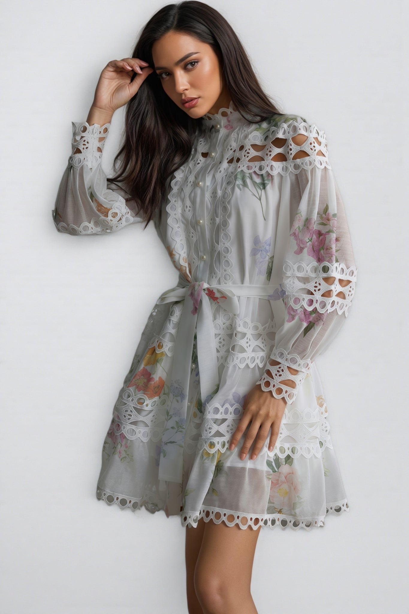 Floral Print Lace High Neck Bishop Sleeve A-Line Mini Dress