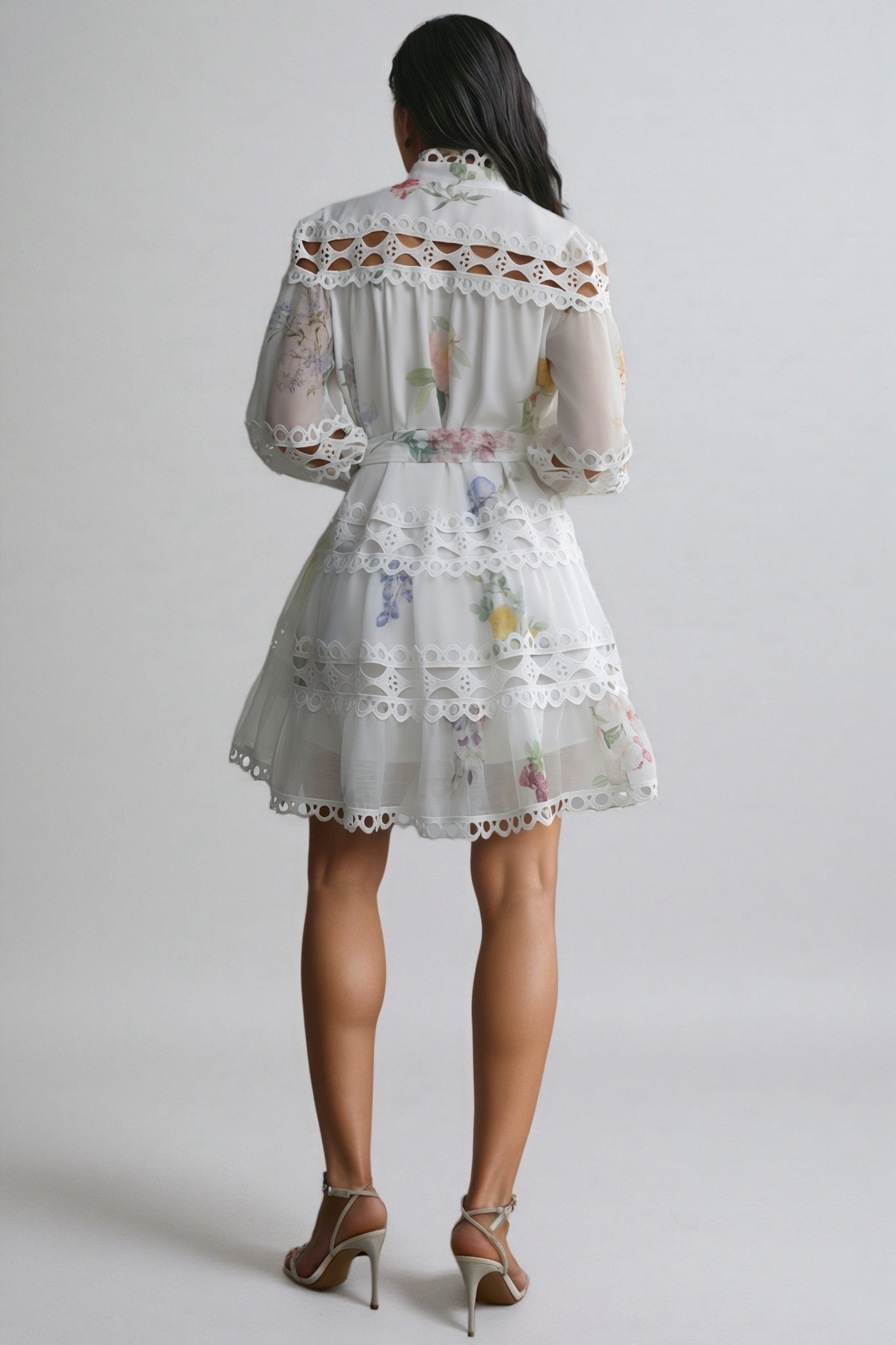 Floral Print Lace High Neck Bishop Sleeve A-Line Mini Dress