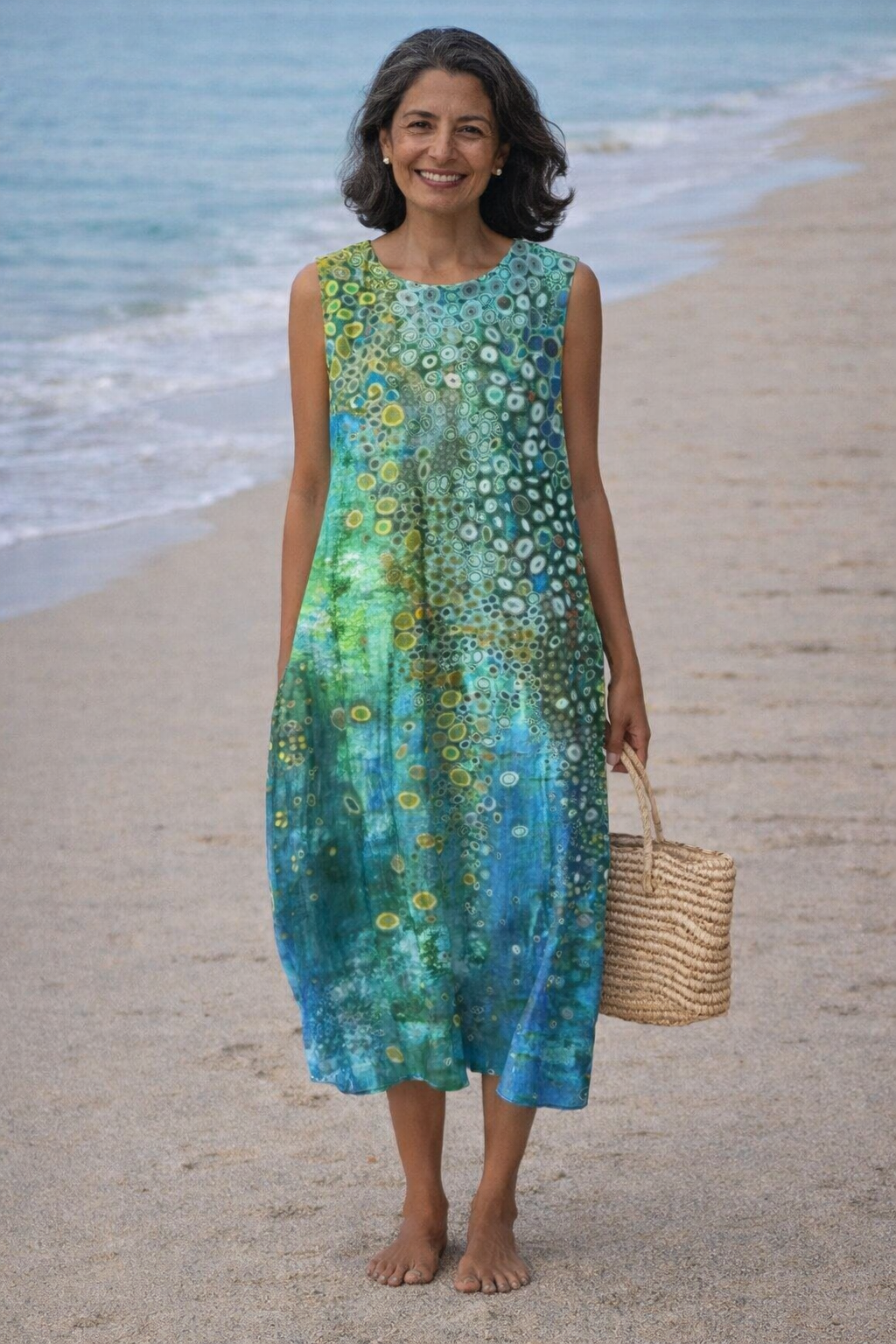 Round Neck Sleeveless Watercolor Print Cocoon Midi Dress
