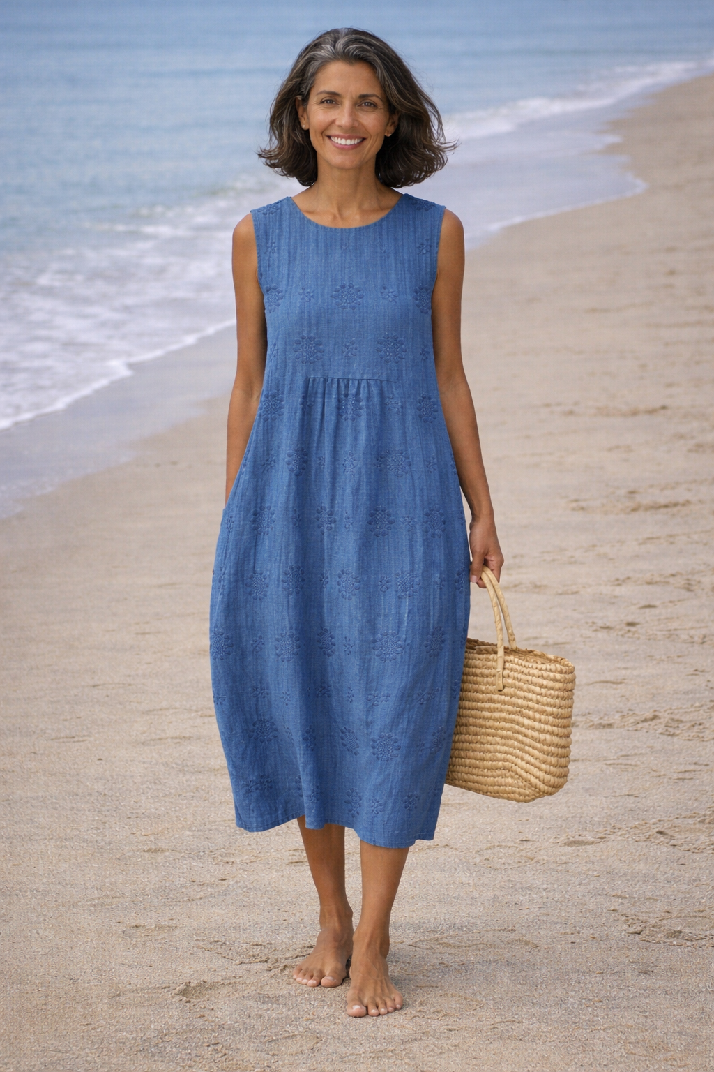 Crew Neck Sleeveless Textured Midi Dress