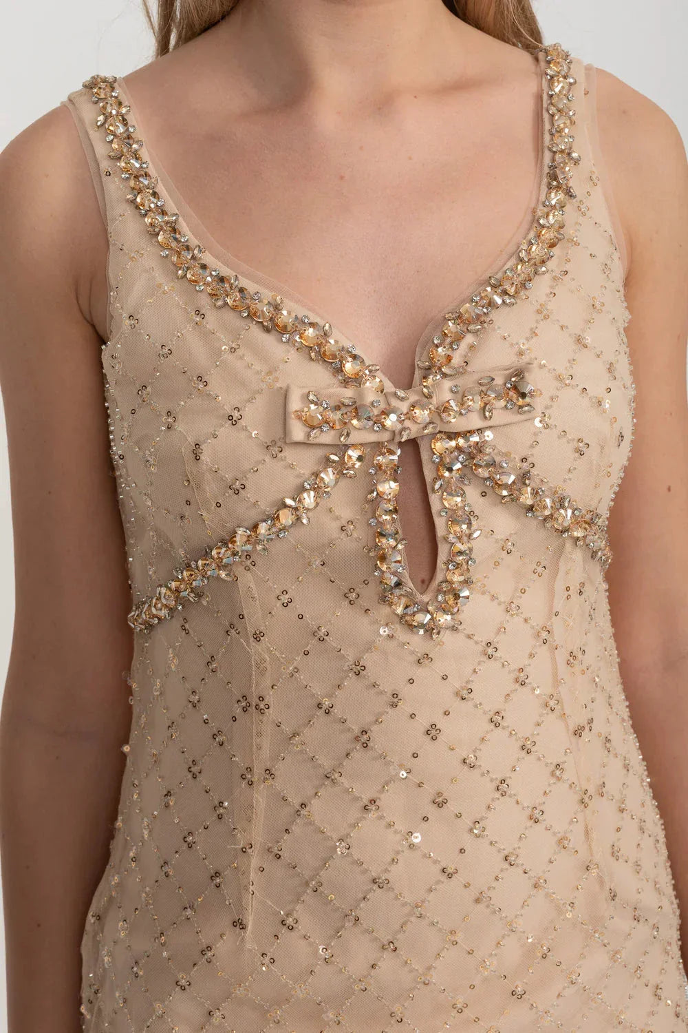 V-Neck Sleeveless Sequin Beaded Bow Keyhole Bodycon Mini Dress 3