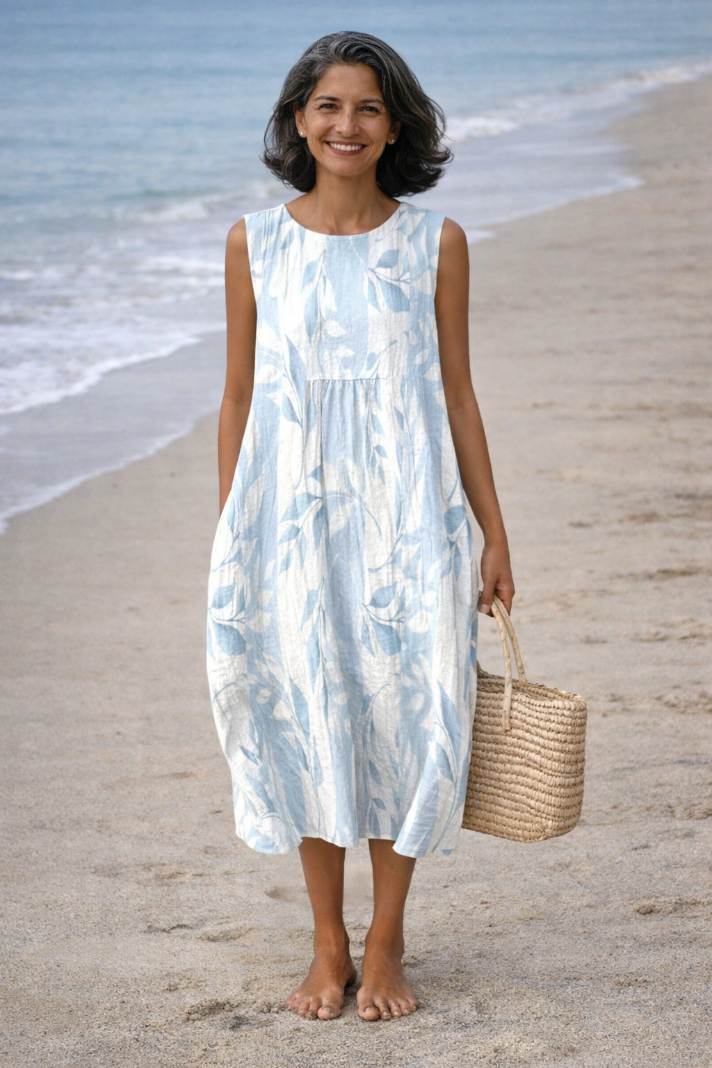 Round Neck Sleeveless Leaf Print Midi Dress