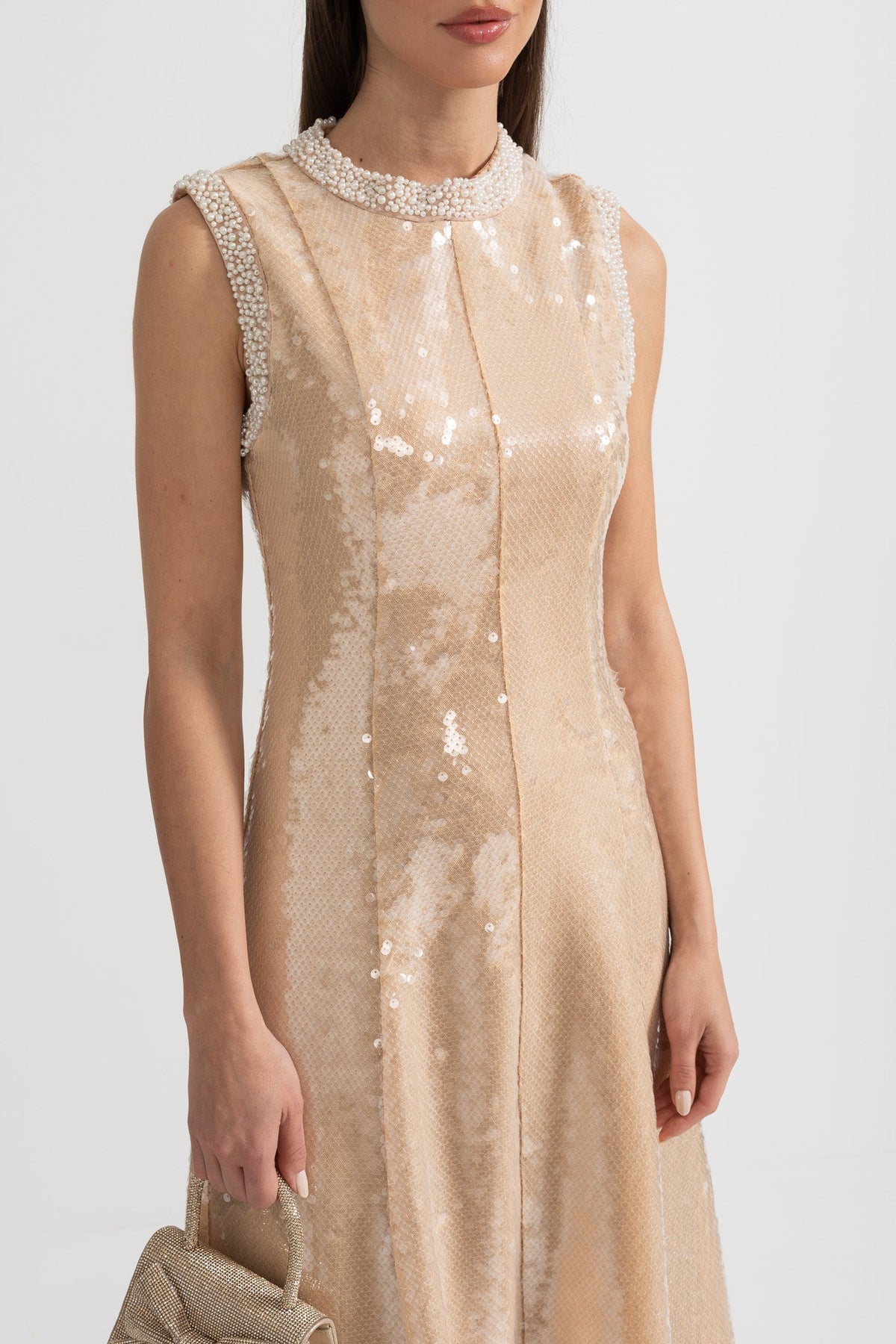Sequin Sleeveless High Neck Pearl Trim Tea Length Midi Dress - View 8